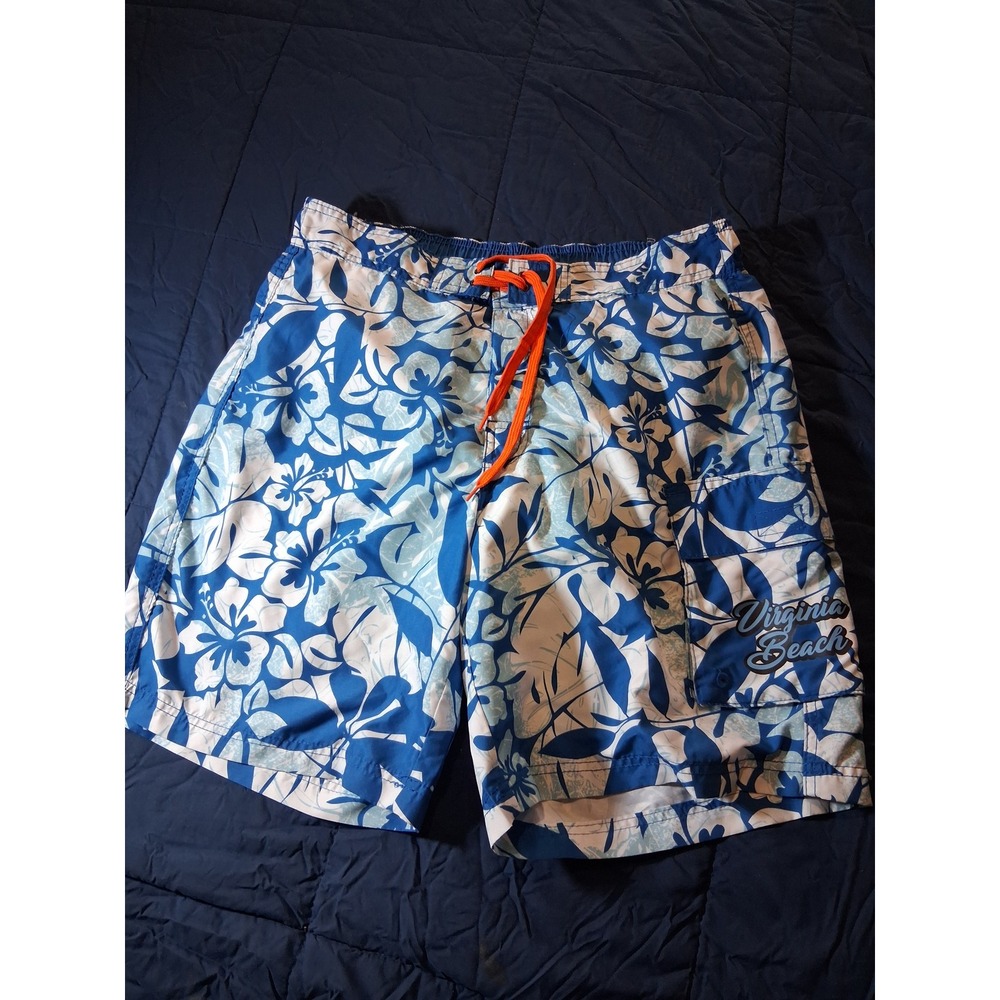 American Crown Mens Large Virginia Beach Blue Tropical Hibiscus Board Short Swim